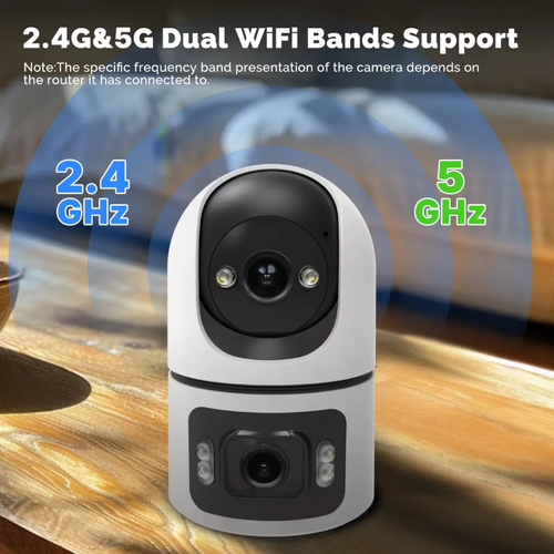 Câmera de vigilância inteligente com WiFi e duas câmeras, para uso interno, com lentes duplas que suportam exibição em três telas, função de rotação panorâmica e inclinação, e visão noturna em cores completas. Possui alerta de detecção de pessoas, comunicação de voz bidirecional, visualização remota da tela através do telemóvel e pode ser instalada em posição fixa ou montada na parede. É um dispositivo inteligente de vigilância adequado para segurança doméstica interna e em lojas.