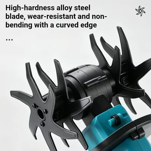 Um pequeno arado manual movido por bateria de lítio, acionado por bateria de lítio sem fio, com largura de aração de 120 mm e profundidade de 110 mm. capaz de soltar o solo e remover ervas daninhas. É adequado para uso em jardins de bonsai, canteiros de flores e pequenos jardins de legumes. Vem com uma placa protetora contra lama, permitindo movimento flexível. Adequado para jardinagem em pequena escala. Ao utilizar, evite pedras e limpe o solo imediatamente após o uso.