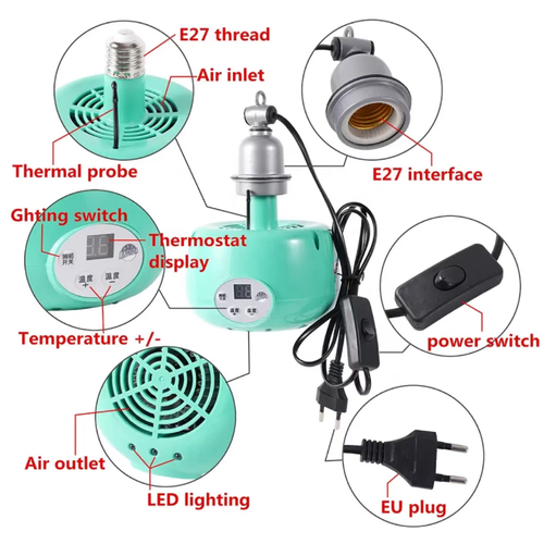 Lâmpada de aquecimento inteligente com controle de temperatura e display digital, controle de temperatura constante e aquecimento suave com ar quente. Pode ser suspensa para instalação e equipada com interruptor independente de energia. Adequada para aquecer aves de criação e manter animais de estimação (gatos e cães) aquecidos. Utilize-a longe de ambientes úmidos ou submersos em água. Verifique regularmente os fios elétricos e evite o contato próximo com fontes de calor.