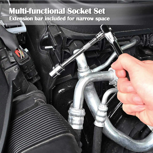 46-piece Set,Ratchet Multi-functional Combination Wrench, featuring 46 tools including various socket sizes and ratchet wrenches, suitable for automotive maintenance, home assembly,disassembly, and outdoor equipment maintenance. The 72-tooth ratchet is also flexible in compact spaces. Made of chrome-vanadium steel, it is durable. The storage box is clearly categorized, making it a must-have tool for professional auto repair and daily maintenance.