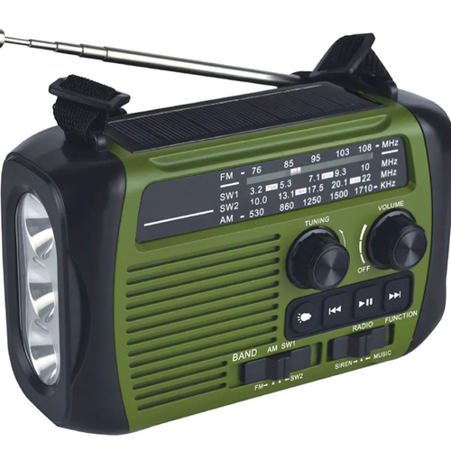 Rádio multifuncional de emergência, suporta recepção de rádio multibanda, equipado com manivela e carregamento de energia solar, bateria de 1800mAh pode alimentar o dispositivo.  Ele também vem com alarme SOS, lanterna de luz forte, resistente à água e resistente a choques.  Ele pode ser usado como um dispositivo de áudio na vida diária e serve como uma estação de apoio à sobrevivência em emergências.  É um must-have para situações de emergência domésticas e externas.