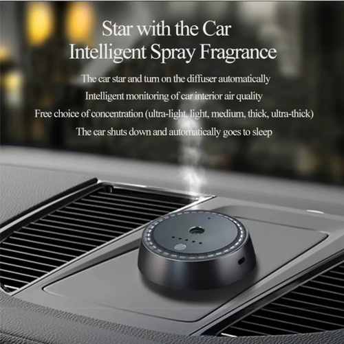 Pare de usar esses aromatizadores irritantes!  Esse dispositivo inteligente de aromaterapia liga e desliga automaticamente junto com o veículo.  Apenas um spray leve não vai causar irritação.  A fragrância luxuosa preenche todo o carro.  A carroceria metálica é compatível com vários designs internos.  Faça um pedido e você receberá um óleo essencial luxuoso.  Você pode aproveitar a aromaterapia durante o trajeto ou enquanto dirige, e levar a loja móvel de fragrâncias para dentro do seu carro.