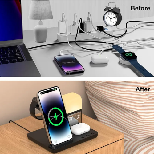 Este carregador sem fio 6 em 1 pode carregar simultaneamente iPhone, AirPods e iWatch sem fio.  Ele também integra funções de alarme, luz noturna e relógio.  O carregamento sem fio é conveniente, o design é simples e elegante e é um companheiro inteligente para os usuários da Apple manterem seus desktops organizados e aumentarem sua produtividade.