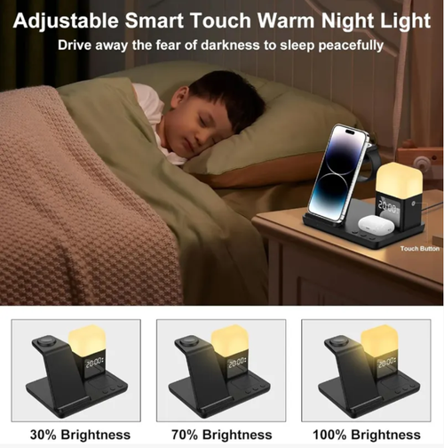 Este carregador sem fio 6 em 1 pode carregar simultaneamente iPhone, AirPods e iWatch sem fio.  Ele também integra funções de alarme, luz noturna e relógio.  O carregamento sem fio é conveniente, o design é simples e elegante e é um companheiro inteligente para os usuários da Apple manterem seus desktops organizados e aumentarem sua produtividade.