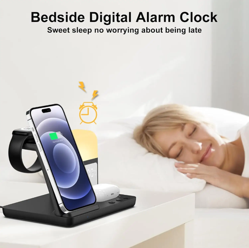 Este carregador sem fio 6 em 1 pode carregar simultaneamente iPhone, AirPods e iWatch sem fio.  Ele também integra funções de alarme, luz noturna e relógio.  O carregamento sem fio é conveniente, o design é simples e elegante e é um companheiro inteligente para os usuários da Apple manterem seus desktops organizados e aumentarem sua produtividade.