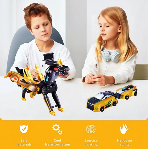 Dois carros colidem e o conector magnético se junta, transformando-se instantaneamente em um cavalo voador legal e ativando efeitos de iluminação.  A jogabilidade é inovadora.  O material ABS ecologicamente correto é resistente a choques e não possui rebarbas.  Ajuda a melhorar a coordenação motora e o pensamento espacial.  Ele permite a interação para dois jogadores e é a escolha preferida para crianças brincarem ou como presente.