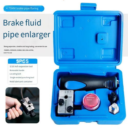Tubo de freio especializado de 4,75 mm, incluindo alavanca, parafuso de posicionamento, punção e recipiente de lubrificação.  Ele pode expandir com precisão a abertura da bolha e as dobras de expansão, garantindo uma vedação estanqueada sem vazamentos.  O molde resistente e durável é fácil de armazenar em uma caixa portátil sem perder nenhuma peça.  É adequado para reparos automotivos, tubos de troca de óleo caseiros e pode alcançar resultados profissionais de expansão com operação manual.