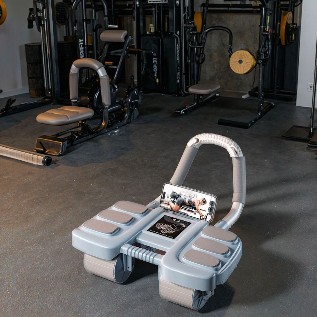 Roda ab de aço de 4 rodas com temporizador inteligente e suporte para celular Roda abdominal de rebote automático Suporte de cotovelo Máquina de abdominais para sentar