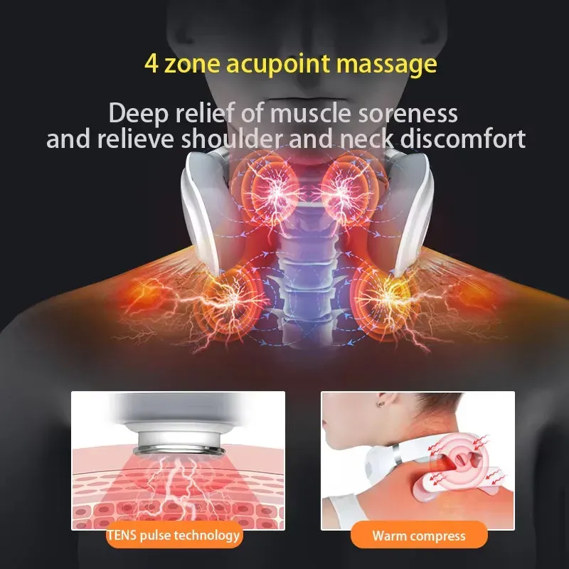 Dispositivo de massagem cervical 4D, contatos de aço inoxidável 304 para massagem precisa, vários modos ajustáveis, carregamento Micro-USB com bateria de longa duração.  Ele se ajusta à circunferência do pescoço e é confortável de usar.  Seja no trabalho, em casa ou em viagem de negócios, pode fornecer um SPA para a coluna cervical, aliviando a rigidez e a dor e restaurando o conforto do pescoço!