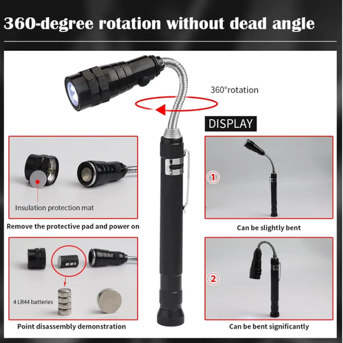 Esta lanterna flexível, magnética e extensível pode ser dobrada até 17cm para maior portabilidade, e pode ser estendida até 57cm com uma mangueira flexível que pode ser dobrada livremente.  Possui dois acessórios magnéticos fortes, que também podem consertar ferramentas, possui 3 luzes LED de alta intensidade para iluminar cantos escuros.  É à prova de ferrugem e durável, adequado para reparos automotivos, decoração e uso doméstico.  É o salvador para cantos escondidos em qualquer espaço.