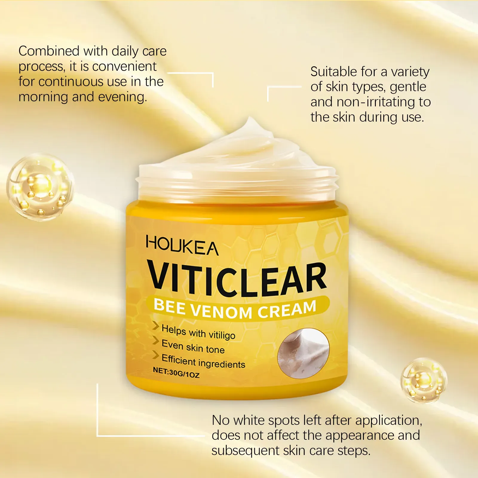Não perca a oferta exclusiva de hoje! Pegue 3 frascos do Bee Venom Vitiligo Sooing Repair Cream de uma vez. Os ingredientes principais do veneno de abelha nutrem profundamente a base da pele, promovem a regeneração celular e aprimoram a capacidade de autorreparação. Ele age suavemente nas áreas afetadas, desfocando gradualmente as bordas das manchas e uniformizando a pele na pele, sem efeitos colaterais e proporcionando tranquilidade. É um item indispensável para cuidados com a pele.