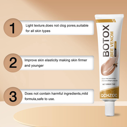 Se você fizer um pedido hoje, receberá 5 garrafas de Bee Venom Nourishing Cream.  Ele ajuda a promover a produção de colágeno, reduzir as linhas secas, firmar a pele flácida, eliminar descolorações amareladas e iluminar a pele.  Ele retém a hidratação e hidrata a pele seca.  É altamente absorvente e pode ajudar a melhorar sua pele após uma longa noite de sono, ou reparar a barreira cutânea durante mudanças sazonais.  Isso dá à sua pele uma aparência naturalmente brilhante e transparente.