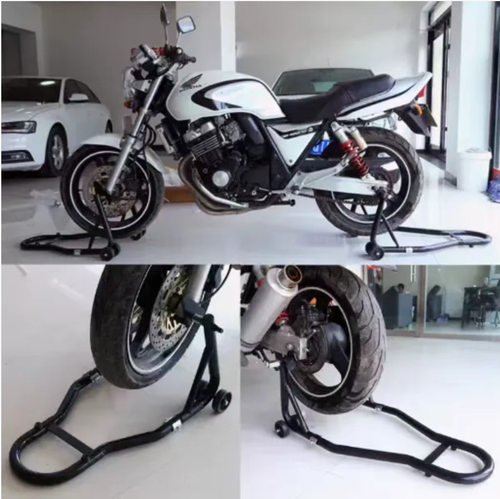 Suporte universal para motocicleta, capacidade de carga de 500KG, parede tubular espessada + soldagem dupla face para desempenho estável e sem tremores.  Ele possui múltiplos modelos de veículos tanto para as rodas dianteiras quanto traseiras.  Com rodas sólidas, permite que uma pessoa mova o veículo.  Adequado para vários cenários, como manutenção, lavagem, estacionamento.  Instalação simples.  Essencial para entusiastas de motocicletas!
