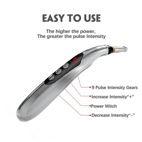 Caneta de massagem elétrica, design portátil em formato de caneta, 9 níveis ajustáveis, com ecrã digital. Versão recarregável, ponta metálica substituível, adequada para alívio diário em ombros, pescoço, membros e outras partes. Tamanho compacto fácil de transportar, operação simples, limpe a superfície de contacto antes de usar e comece a experiência no nível baixo, ideal para relaxamento em casa.