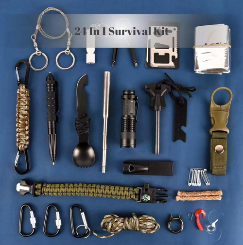 Conjunto de 24 peças, Conjunto de Caixa de Ferramentas de Sobrevivência ao Ar Livre.  desbloqueando um equipamento prático por dia.  Abrange itens essenciais para a sobrevivência ao ar livre, como navegação, fabricação de fogo e ferramentas.  Os materiais são resistentes e duráveis, adequados para vários cenários, incluindo camping, caminhadas e emergências urbanas.  É uma excelente escolha para entusiastas de atividades ao ar livre como um baú de tesouro de exploração e um presente criativo.