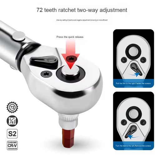 Conjunto de chave de torque ajustável para todos os tipos de parafusos. A escala ajustável do torque cobre o uso comum, e liberta automaticamente quando o valor do pré-ajuste é alcançado, para evitar o aperto excessivo ou o afrouxamento. A cabeça da catraca de 72 dentes é fácil de ajustar, a alça é antiderrapante e economiza trabalho. Pode ser utilizado em espaços apertados, tanto para reparação automóvel como para montagem DIY, permitindo uma fixação precisa e controlada dos parafusos.