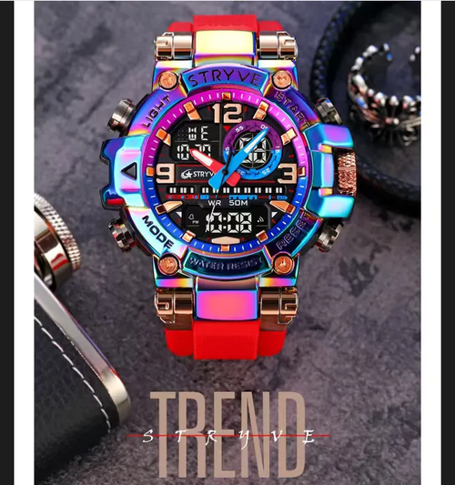 Fashionistas, rápido! Este relógio apresenta uma caixa cintilante que reflete um gradiente de cores. Combinado com uma tira vermelha brilhante, ele se torna instantaneamente o centro das atenções. Displays duplos e luminosidade noturna garantem leitura clara do tempo. É à prova d'água de 30 metros. É leve, respirável e não está sufocante no pulso. A embalagem da caixa preta tem excelente qualidade. Estudantes e fashionistas, podem comprar sem hesitar!