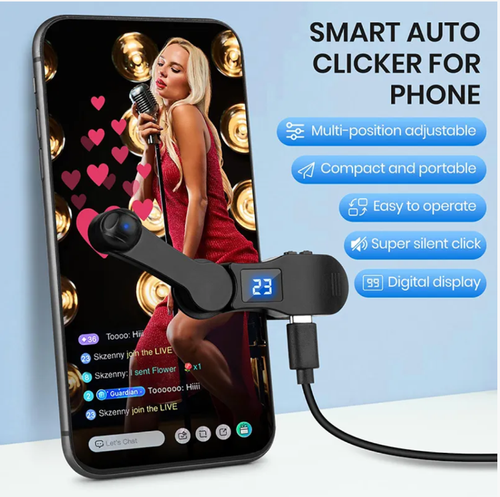 Clicker automático da tela do smartphone, ajustando de forma inteligente a frequência e a duração do clique, detecção de infravermelho distante para resposta precisa, suporte giratório de 360° para operação estável sem bloquear a tela, fonte de alimentação USB para vida útil da bateria sem preocupações, permitindo que você opere facilmente seu telefone e diga adeus à fadiga dos dedos.