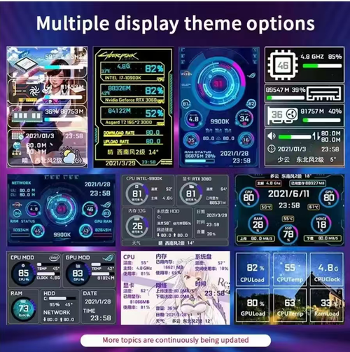 Tela secundária USB-C do computador: plug and play, sem necessidade de fonte ou driver.  Exibição em tempo real de CPU, uso da GPU, temperatura, memória e outros dados de hardware.  Verifique imediatamente o status durante jogos ou trabalho de escritório.  Múltiplos temas para trocar, com efeito de brilho noturno para melhorar a atmosfera da área de trabalho.  Compacto e não ocupa muito espaço.  Compatível com desktops e laptops.  Prático e com boa aparência visual.
