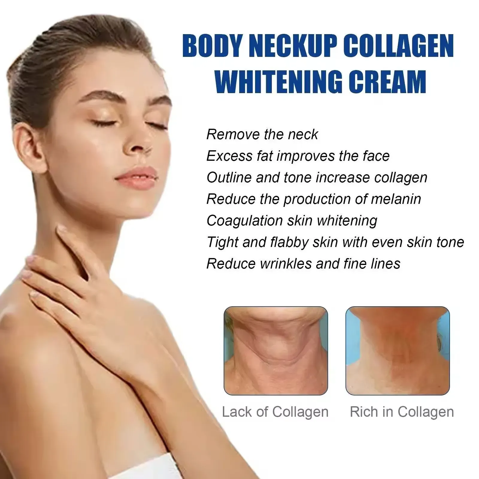 O Collagen Neck Cream, que contém colágeno, reduz linhas finas e rugas, ilumina e suaviza a pele do pescoço, e absorve rapidamente em segundos sem deixar resíduos pegajosos nas roupas.  Solicite pela manhã e à noite.  Ela pode suavizar gradualmente as linhas horizontais do pescoço e as camadas, deixando a pele do pescoço brilhante e próxima ao rosto.  Pode ser reaplicado a qualquer momento.  Até a pessoa preguiçosa pode alcançar um senso de refinamento!