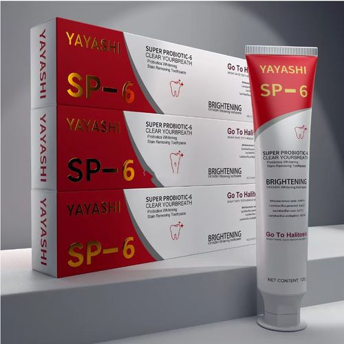 O creme dental SP6 Probiótico Eliminador de Bactérias Orais é especialmente projetado para eliminar as bactérias do mau hálito.  Também pode remover manchas de cigarro e iluminar os dentes amarelos.  Ele contém ingredientes calmantes para dentes sensíveis.  Após a escova, proporciona um frescor duradouro.  É indispensável para fumantes e amantes de chá de café.  Um tubo dura 2 meses.  Faça o pedido hoje e adquira 10 tubos, o que é suficiente para estocar por quase dois anos!