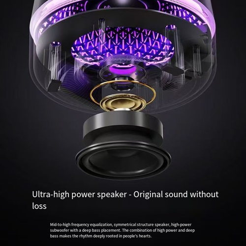 Alto-falante Bluetooth Xiaohan: Conta com cúpula de vidro com 6 camadas de luzes de respiração, campo sonoro surround 360° + graves profundos 9D e conexão instantânea Bluetooth.  Com seu tamanho reduzido, ele oferece qualidade de áudio de nível cinematográfico.  Sua aparência preta e dourada é adequada para desktops.  Pode melhorar o ambiente para ouvir música, trabalhar ou pequenos encontros.  É o interruptor da alegria para seus ouvidos.
