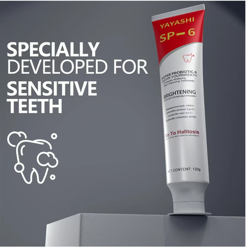 O creme dental SP6 Probiótico Eliminador de Bactérias Orais é especialmente projetado para eliminar as bactérias do mau hálito.  Também pode remover manchas de cigarro e iluminar os dentes amarelos.  Ele contém ingredientes calmantes para dentes sensíveis.  Após a escova, proporciona um frescor duradouro.  É indispensável para fumantes e amantes de chá de café.  Um tubo dura 2 meses.  Faça o pedido hoje e adquira 10 tubos, o que é suficiente para estocar por quase dois anos!