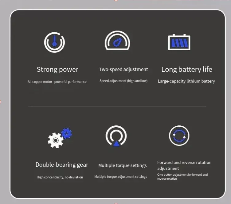 Um conjunto completo de ferramentas domésticas, com um berbequim de iões de lítio com carregamento rápido e um longo tempo de espera, além de uma gama completa de acessórios. As diferentes cabeças de chave de fendas são adequadas para diversos parafusos, chaves de bocas e alicates para satisfazer os requisitos de aperto, ferramentas de medição para controlar dimensões com precisão e ferramentas de corte e retificação para processamento fino.