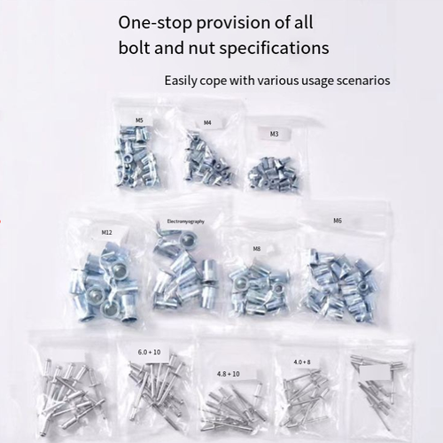 Kit de Rebitagem All-in-One Conjunto de 160 peças.  Pistola de rebitagem manual, com vários tamanhos de rebites e ferramentas.  Design de alça dupla para facilidade de uso por iniciantes.  O material de alta resistência garante durabilidade e confiabilidade.  Vem com uma caixa de armazenamento portátil.  Este conjunto resolve todas as suas necessidades de rebitagem.