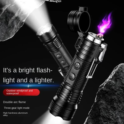 Lanterna com arco elétrico, combinando ignição por arco elétrico à prova de vento e lanterna de luz forte.  Carregamento USB-C, design de travamento de segurança, à prova de vento e durável.  Adequado para fogueira de acampamento ao ar livre, navegação noturna ou uso de emergência em veículos.  É um equipamento de emergência versátil para uso externo e diário.