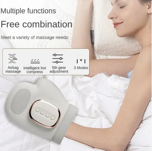 Massageador inteligente de pressão nas mãos, com massagem de dedos em airbag em três estágios, combinado com compressa quente de temperatura constante, multimodo com força ajustável em cinco níveis, design de encaixe tipo luva para fácil portabilidade, pode aliviar a fadiga do uso do teclado e tarefas domésticas, além de ser um terapeuta profissional para relaxamento das mãos.