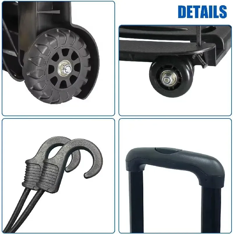 Este carrinho dobrável de quatro rodas atualizado e reforçado tem uma estrutura espessa com forte capacidade de carga.  O design das quatro rodas garante um movimento estável sem o risco de capotamento.  Quando dobrado, é pequeno em tamanho e não ocupa muito espaço.  É adequado para vários cenários, como compras, mudança de casa e coleta de pacotes.  É um auxiliar de levantamento de peso para suas viagens, resolvendo facilmente o problema de transporte de itens pesados.