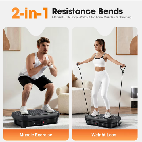 Quadra de vibração de fitness de 4 níveis, uma bênção para quem fica sentado por longos períodos.  O nível calmante alivia a cintura e as costas, o nível de fortalecimento molda o corpo, e o exercício com banda de resistência ajuda a treinar os ombros e braços.  É super silencioso e não incomoda os outros.  Assistir TV enquanto o usa pode ajudar você a relaxar e conseguir um formato corporal leve.  Dessa forma, você pode construir um ótimo físico no seu dia a dia!