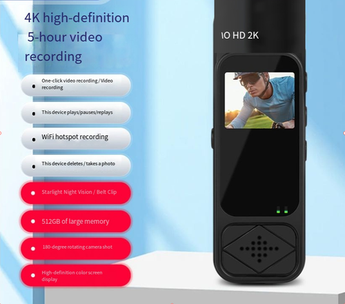 O gravador de vídeo portátil está equipado com uma tela IPS de 1,3 polegadas, que é fácil de operar.  Ele suporta vídeo de alta definição, gravação de áudio e tirar fotos.  O dispositivo é compacto e portátil, permitindo gravar ciclismo ao ar livre, vida diária e cenas de trabalho a qualquer momento.  Ele pode capturar facilmente todos os momentos maravilhosos.