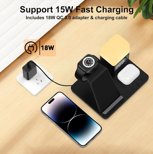 Este carregador sem fio 6 em 1 pode carregar simultaneamente iPhone, AirPods e iWatch sem fio.  Ele também integra funções de alarme, luz noturna e relógio.  O carregamento sem fio é conveniente, o design é simples e elegante e é um companheiro inteligente para os usuários da Apple manterem seus desktops organizados e aumentarem sua produtividade.