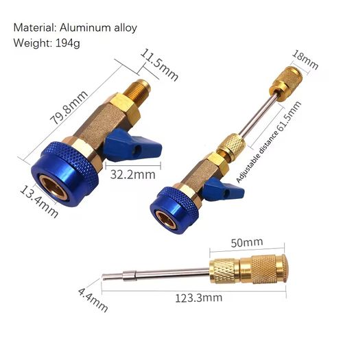 Ferramenta de remoção de carretel de ar condicionado automotivo. A diferença entre vermelho e azul corresponde às interfaces de alta e baixa pressão. Feito de liga de alumínio e latão, leve e durável. Alça antiderrapante para operação com uma mão. O carretel de furo profundo também pode ser facilmente desmontado e montado. Adequado para pino ejetor sem danos ao tubo. A carga e a manutenção do líquido refrigerante podem ser concluídas em apenas 1 minuto.