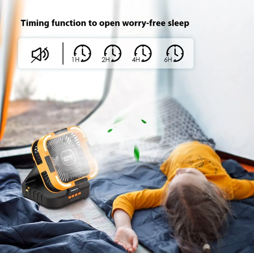 Este ventilador de acampamento solar dobrável integra 6 configurações de ventilador ajustáveis, uma luz LED e uma bateria de carregamento de 10000mAh.  Ele suporta energia solar + carregamento rápido USB e é dobrável e portátil.  É uma ferramenta legal e conveniente para cenários ao ar livre, como acampamentos e piqueniques.