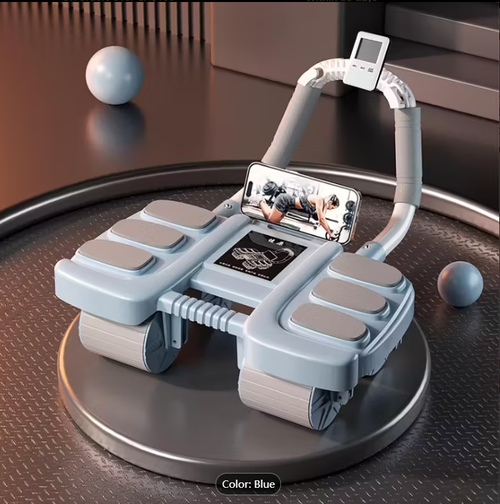Roda ab de aço de 4 rodas com temporizador inteligente e suporte para celular Roda abdominal de rebote automático Suporte de cotovelo Máquina de abdominais para sentar