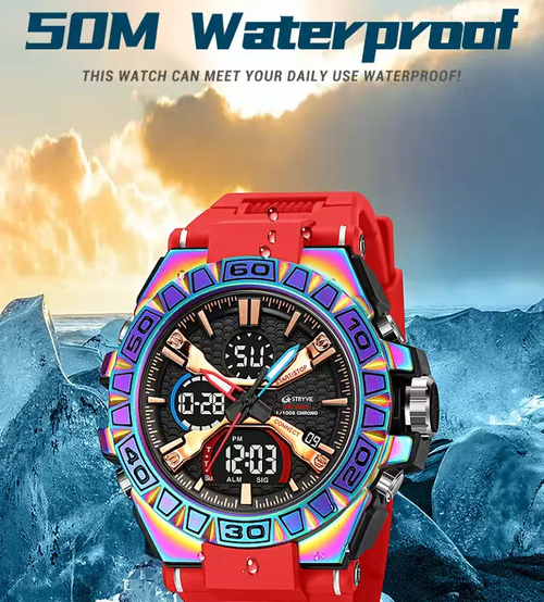 Fashionistas, rápido! Este relógio apresenta uma caixa cintilante que reflete um gradiente de cores. Combinado com uma tira vermelha brilhante, ele se torna instantaneamente o centro das atenções. Displays duplos e luminosidade noturna garantem leitura clara do tempo. É à prova d'água de 30 metros. É leve, respirável e não está sufocante no pulso. A embalagem da caixa preta tem excelente qualidade. Estudantes e fashionistas, podem comprar sem hesitar!