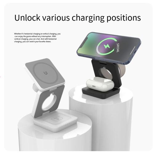 Este carregador sem fio magnético dobrável três em um possui carregamento magnético rápido preciso que se conecta com segurança.  É dobrável e portátil, e pode ser ajustado em vários ângulos para se adequar a vários cenários.  É compatível com vários dispositivos, como telefones celulares, fones de ouvido e relógios, proporcionando carregamento seguro e rápido.  É a solução de carregamento tudo-em-um para suas necessidades móveis de trabalho e viagens.