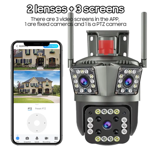 Câmera de vigilância inteligente de 360° à prova d'água ao ar livre de visão noturna de 3 telas de alta definição para uso doméstico.  Uma unidade pode cobrir várias áreas com todas as três telas exibidas simultaneamente.  Visão noturna colorida, rotação de 360° sem pontos cegos, à prova d'água ao ar livre e suporta monitoramento sem fio.  Detecção humana PIR para alertas em tempo real.  É o guardião de segurança inteligente para segurança em toda a casa.