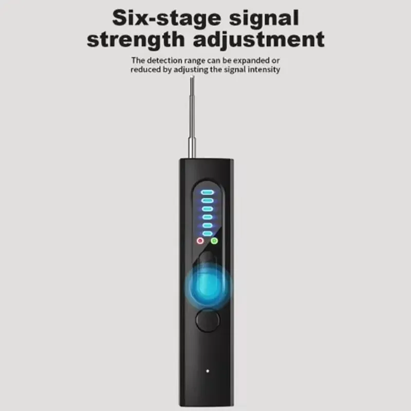 Detector de câmera anti-espião de varredura precisa por infravermelho.  A varredura infravermelha torna as câmeras ocultas visíveis.  Ele também pode ser usado para posicionamento reverso, espionagem e monitoramento de telefones celulares.  Com seis ajustes de sinal, é pequeno e portátil.  Possui função de alarme de vibração.  É um guardião inteligente para proteger a privacidade durante viagens ou em casa.