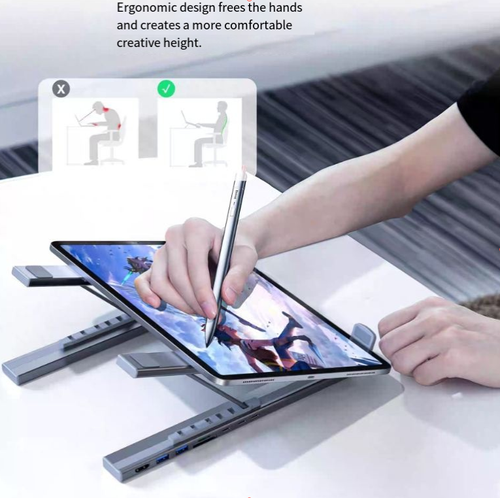 Esta estação de acoplamento multifuncional para notebook não apenas fornece suporte ergonômico para aliviar a fadiga, mas também integra várias estações de acoplamento de interface para resolver os problemas de conexão dos dispositivos.  Seu design aberto e oco garante uma dissipação de calor eficiente.  Ele pode ser dobrado para portabilidade e é adequado para vários cenários,  atividades criativas, entretenimento e viagens de negócios.  Ele atualiza totalmente sua experiência de vida digital.