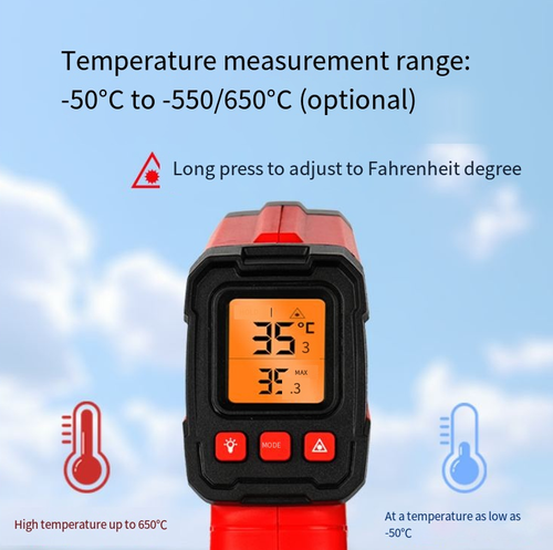 Termômetro infravermelho industrial de alta precisão: Posicionamento a laser, tempo de resposta de 0,5 segundos, medição de temperatura eficiente e precisa, é uma excelente ferramenta para detecção de temperatura.
