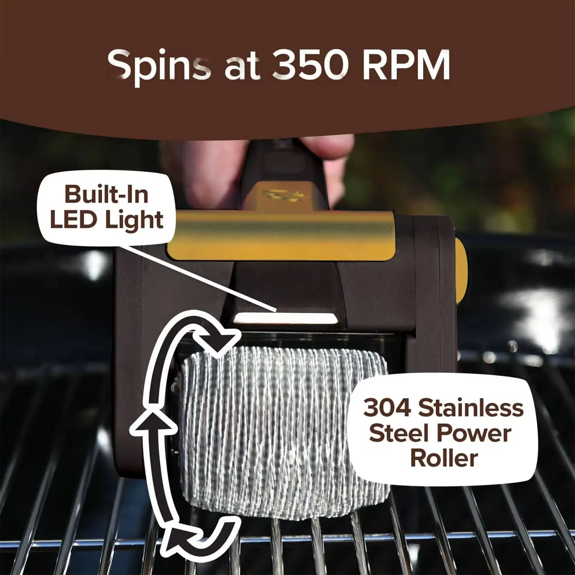 A escova elétrica para churrasco ao ar livre, estilo luminária, com malha de aço inoxidável 304, esfregado em alta velocidade, sem cerdas nem cantos mortos, adequada para limpeza de várias churrasqueiras.  Ele é equipado com uma luz LED para iluminar as lacunas.  É conveniente lavar na lava-louças.  Esta é a ferramenta para limpeza de churrascos externos.  Com ele, a churrasqueira fica limpa e deliciosa, sem concessões!