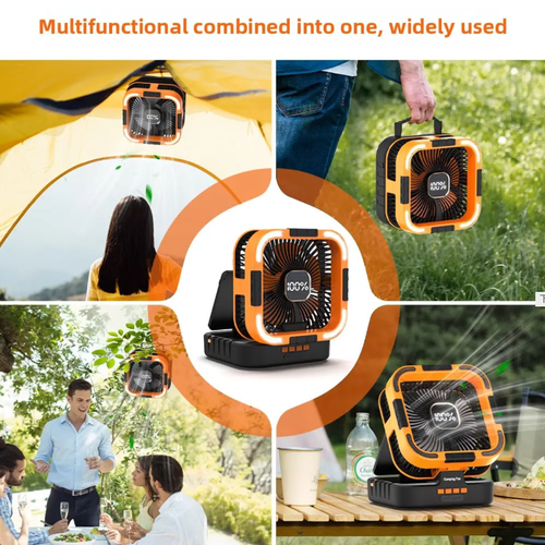 Este ventilador de acampamento solar dobrável integra 6 configurações de ventilador ajustáveis, uma luz LED e uma bateria de carregamento de 10000mAh.  Ele suporta energia solar + carregamento rápido USB e é dobrável e portátil.  É uma ferramenta legal e conveniente para cenários ao ar livre, como acampamentos e piqueniques.