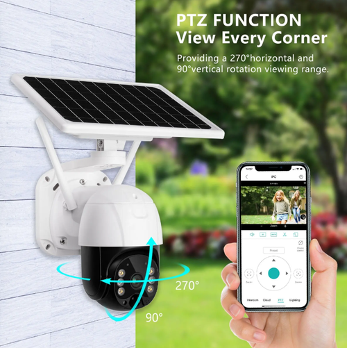 Rastreamento de movimento de detecção de corpo humano, câmera de vigilância movida a energia solar, fonte de alimentação solar sem fiação, 3000K pixel + PTZ pan-tilt-zoom, rastreamento automático de movimento humano, IP66 à prova d'água, voz bidirecional + visualização remota, a escolha ideal para monitoramento de segurança externa.