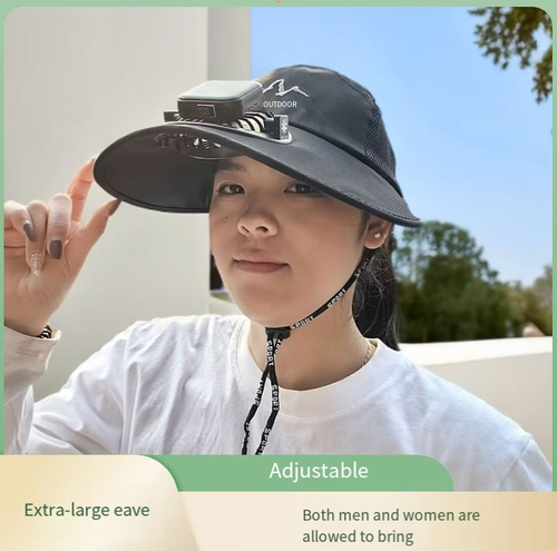 Chapéu ventilador movido a energia solar, um companheiro de resfriamento externo que combina proteção solar, resfriamento de ventilador e armazenamento de energia solar.  Ele possui aba larga para proteção solar e um ventilador para resfriamento. solar e USB.  Adequado para trabalhos ao ar livre, pesca e esportes, ele permite que você se mantenha fresco e confortável mesmo sob o sol escaldante.  É um excelente dispositivo de resfriamento para entusiastas de atividades ao ar livre.