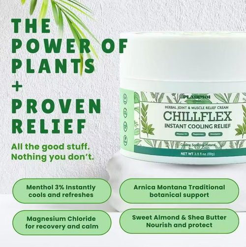O Creme Refrescante Vegetal CHILLFLEX, com uma fórmula à base de plantas,proporciona refrescamento instantâneo e alívio revigorante.Adequado tanto para rejuvenescimento pós-treino quanto para relaxamento diário.Faça o pedido hoje e receba 4 garrafas de presente.  Use de manhã e à noite.Este produto alivia efetivamente a dor nas articulações e músculos,restaura flexibilidade, conforto e vitalidade.  Faça a compra agora e deixe o poder das ervas se tornar sua estação de recarga para corpo e mente!