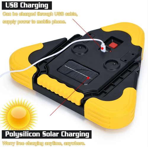 Placa de alerta do tripé solar.  Ele pode ser carregado via energia solar e USB.  Possui cinco modos de luz de aviso e pode ser claramente visto em um alcance de 500 metros.  Ele combina as funções de uma lanterna e de um power bank.  Ele pode girar 180 graus e possui propriedades à prova de choques e à prova d'água.  É uma ferramenta multifuncional de emergência de segurança, adequada para acampamento.
